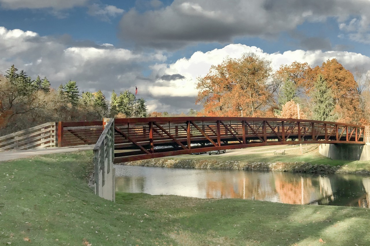 A pedestrian bridge in Krape Park, Freeport, Illinois